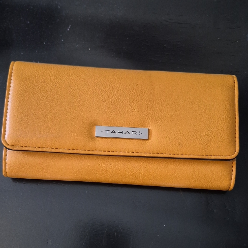 Tahari Mustard Fold-Over Wallet with Metal Logo NWOT